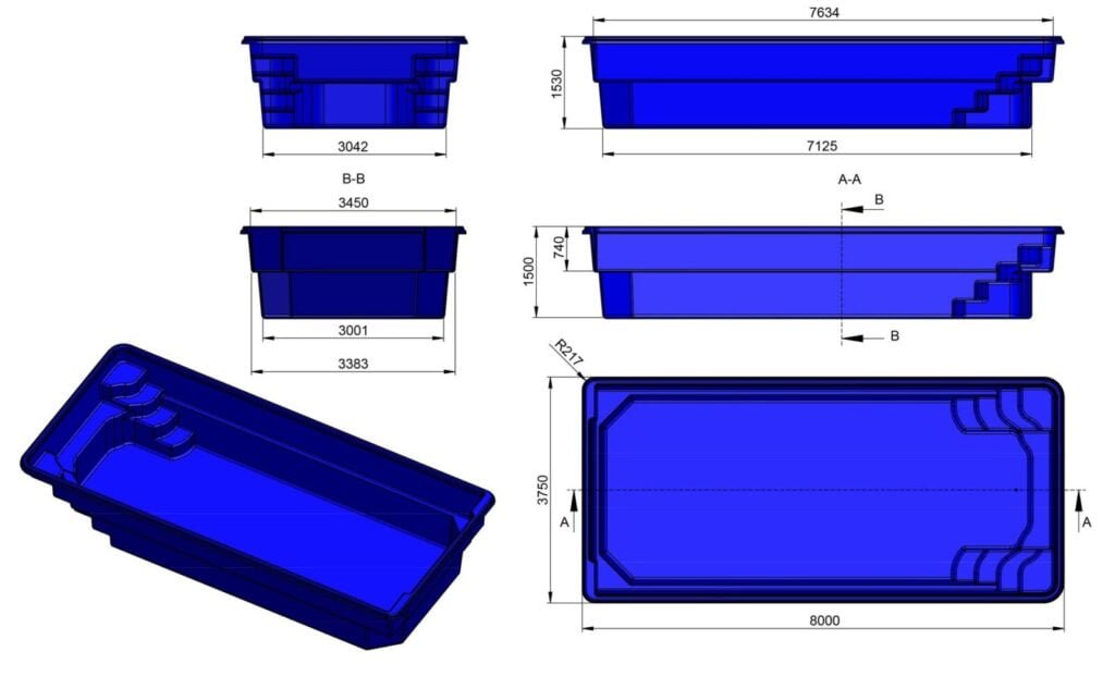 Glasfiberpool BORNEO 8,00m x 3,75m x 1,50m