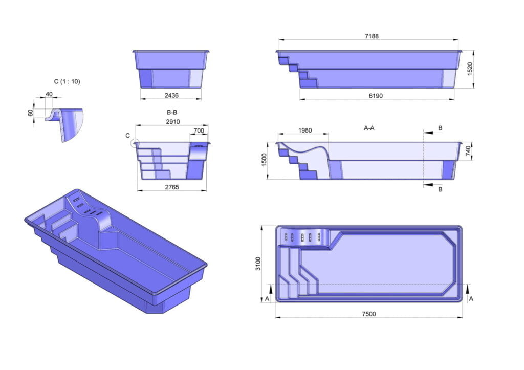 Glasfiberpool FULL RELAX 7,50m x 3,10m x 1,50m