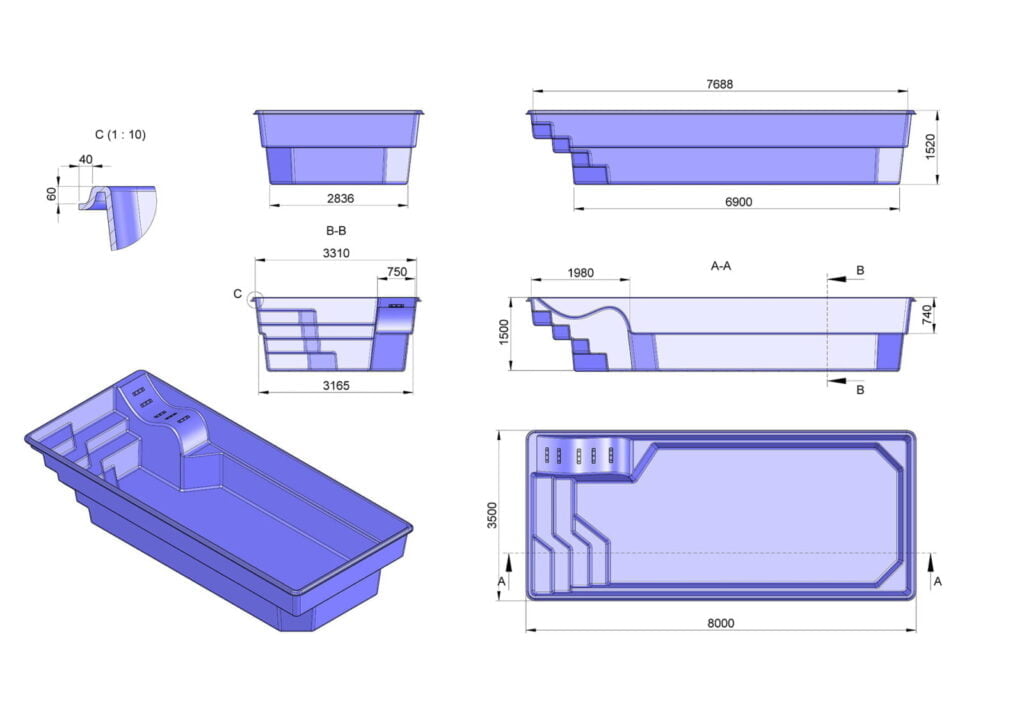 Glasfiberpool MAXI SPA 8,00m x 3,50m x 1,50m