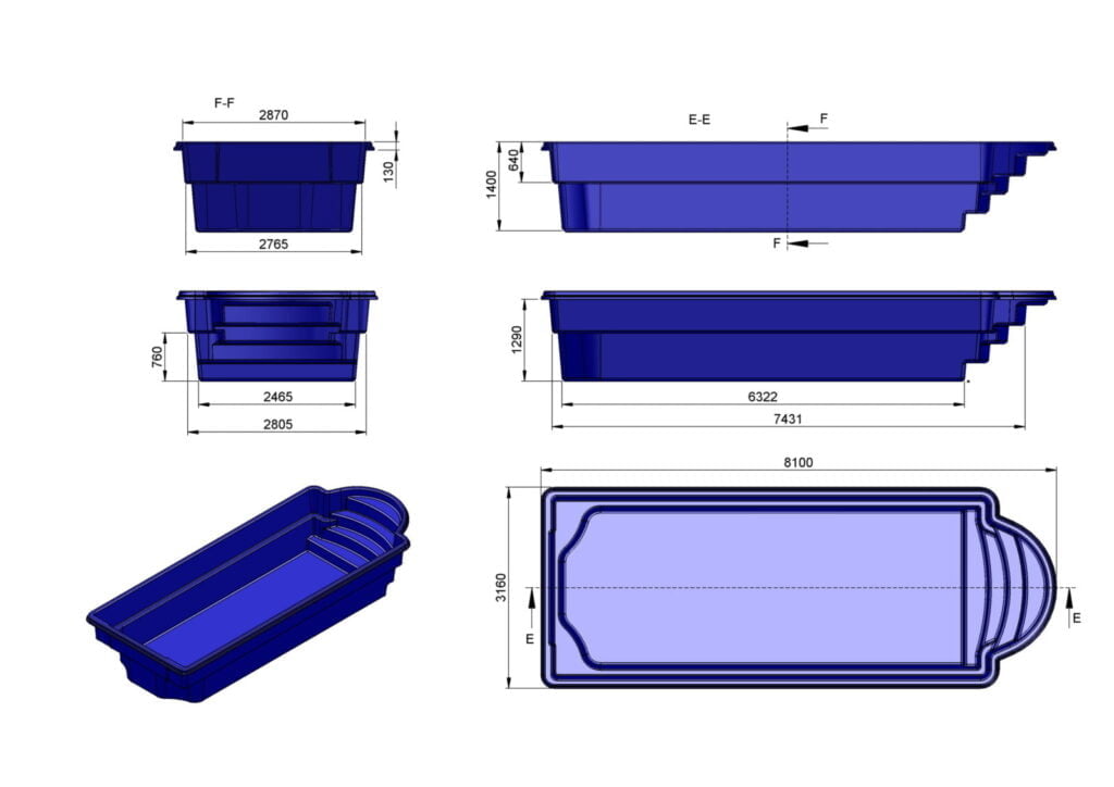Glasfiberpool DOMINIKANA 8,10m x 3,16m x 1,40m