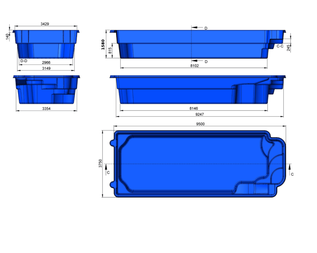 Glasfiberpool KEFALINA 9,50m x 3,70m x 1,55m