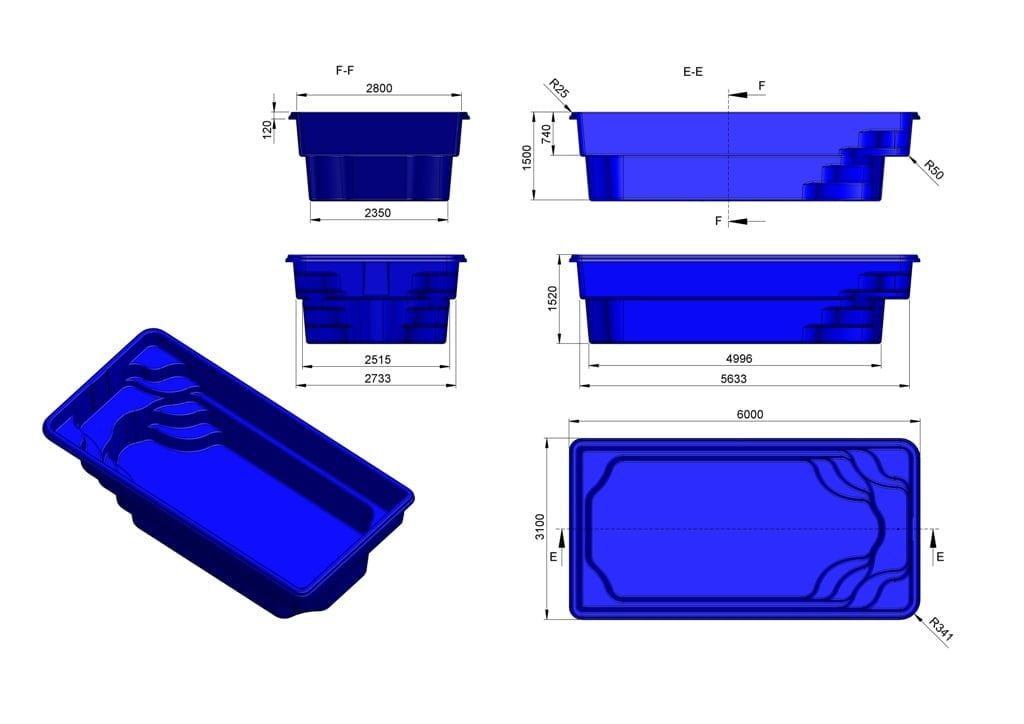 Glasfiberpool KUBA 6,00m x 3,10m x 1,50m